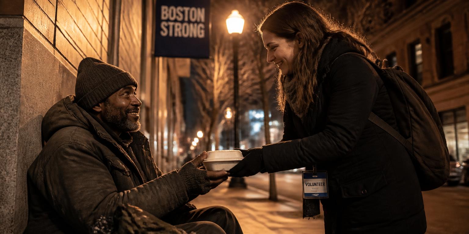 A volunteer handing a warm meal to a neighbor at night in Massachusetts